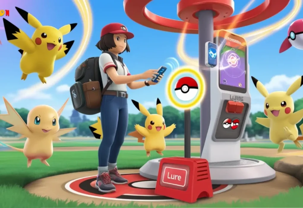 "Trainer using mobile to catch shiny Pokémon at PokéStop, surrounded by Pikachu and other Pokémon in a vibrant outdoor setting.