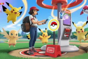 "Trainer using mobile to catch shiny Pokémon at PokéStop, surrounded by Pikachu and other Pokémon in a vibrant outdoor setting.