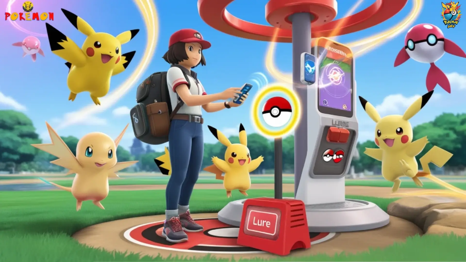 "Trainer using mobile to catch shiny Pokémon at PokéStop, surrounded by Pikachu and other Pokémon in a vibrant outdoor setting.