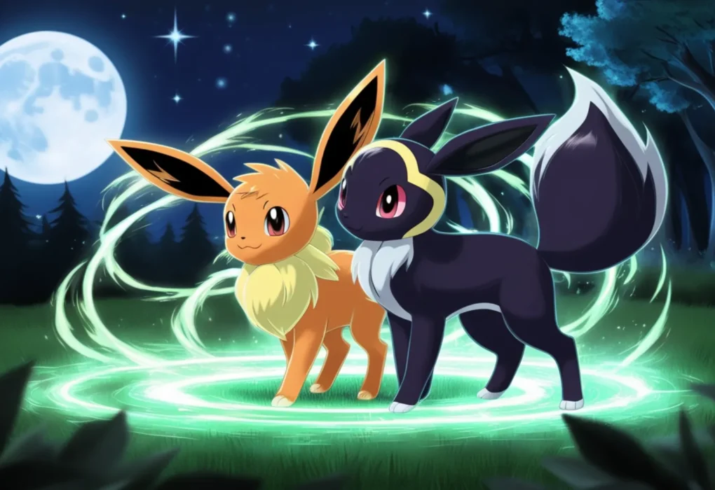 Eevee and Umbreon under moonlight