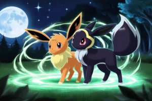 Eevee and Umbreon under moonlight