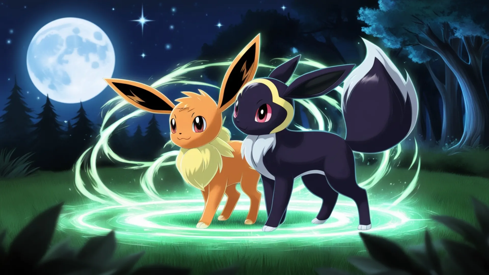 Eevee and Umbreon under moonlight