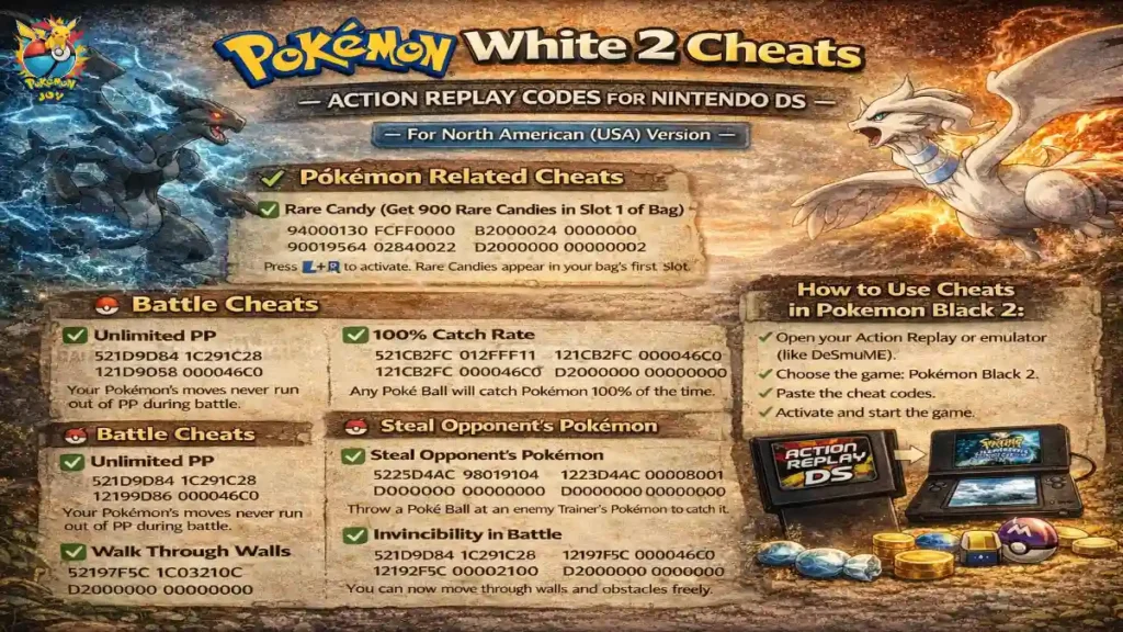 Pokemon Black and White 2 Cheats – Tested Action Replay Codes NDS 2 Pokémon White 2 Cheats – Action Replay Codes for Nintendo DS