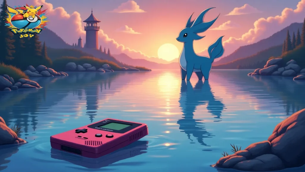 Magical Pokémon Crystal lake scene nostalgic evening glow