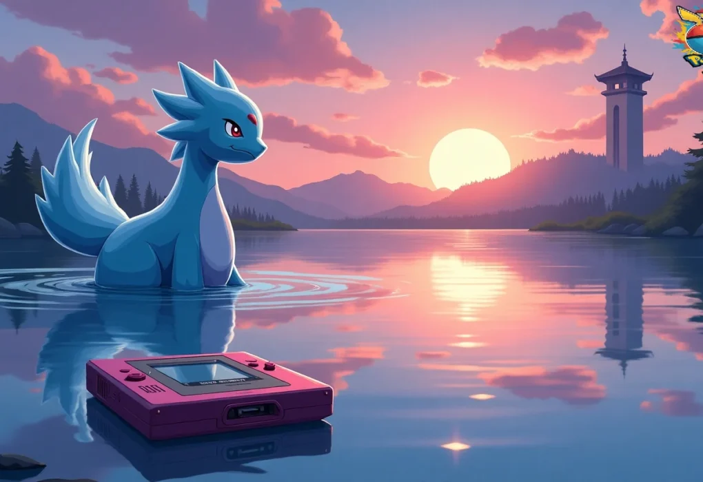Mystical Pokémon Crystal sunset lake scene adventure nostalgia