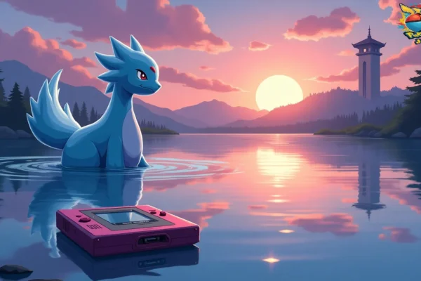Mystical Pokémon Crystal sunset lake scene adventure nostalgia