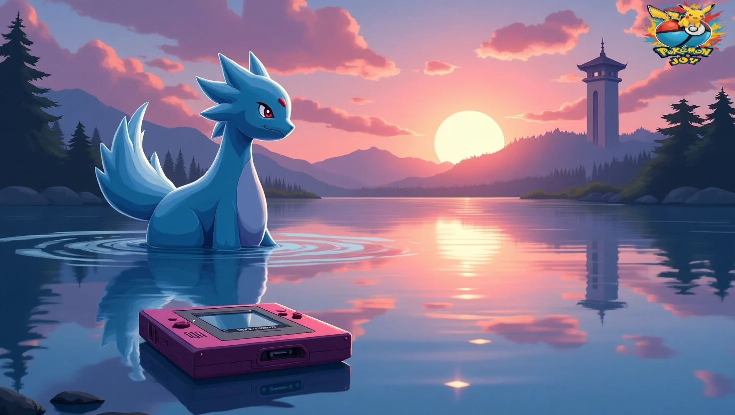 Mystical Pokémon Crystal sunset lake scene adventure nostalgia