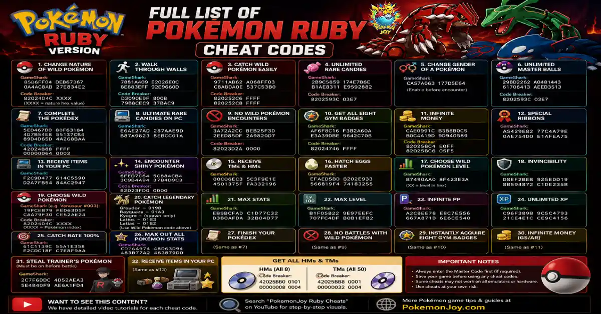 Full list of Pokémon Ruby cheat codes